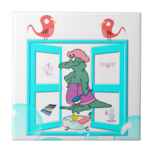 Ceramic Tile White Alligator Bubble Bath Birds