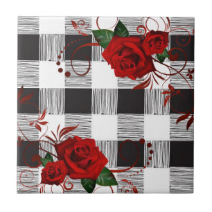 Ceramic Tile White and Black Plaid Red Rose