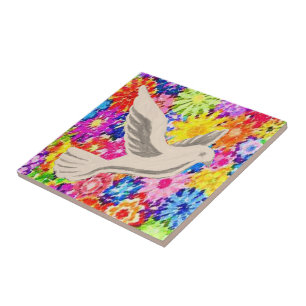 Ceramic Tile White Floral Dove