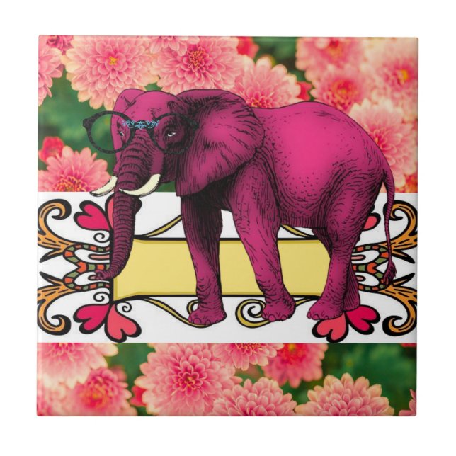Ceramic Tile White Floral Elephant (Front)