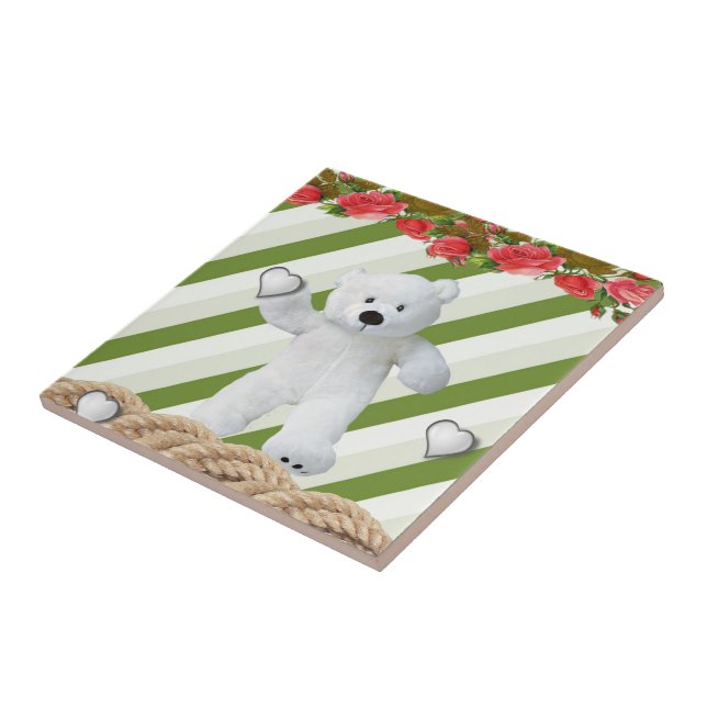 Ceramic Tile White Green Stripe Floral Teddy Bear (Side)