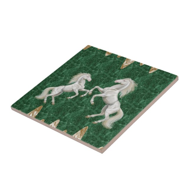 Ceramic Tile White Horses Green Gold (Side)