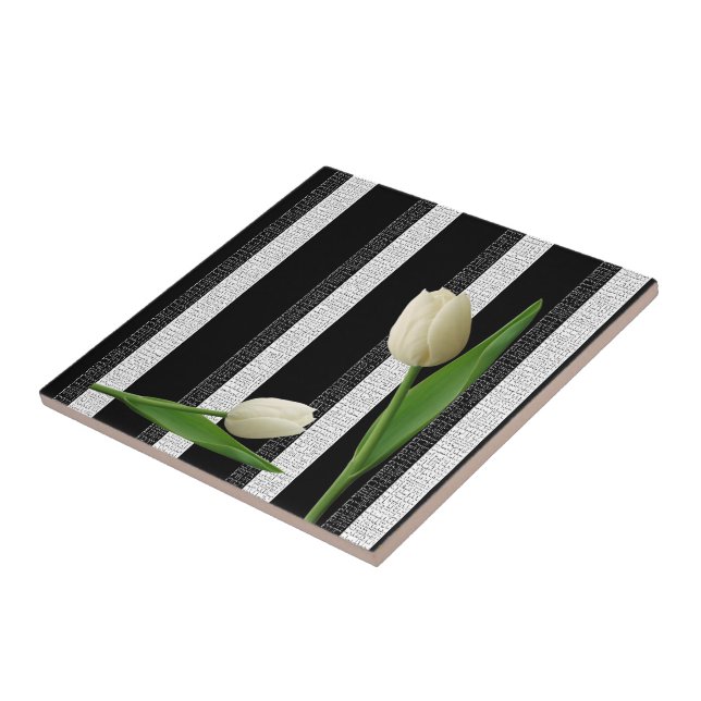 Ceramic Tile White Tulip Floral Black and White (Side)