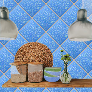 Ceramic tile with blue Stylised Ovate Leaves