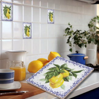 Ceramic Tile with Lemons Blue Toile