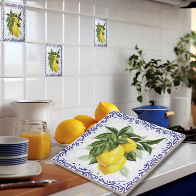 Ceramic Tile with Lemons Blue Toile (European Italian French Countryside Lemons Kitchen Tile with Blue Toile signed by the artist)