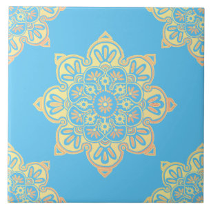 Ceramic tile, yellow medallion on Cerulean blue Tile