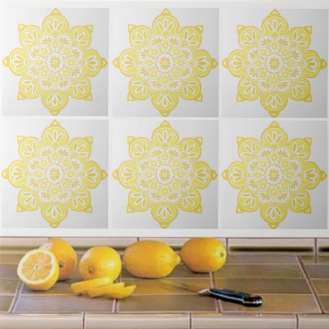 Ceramic tile, yellow medallion on white tile (Yellow medallion tiles shown  on a kitchen backsplash.)