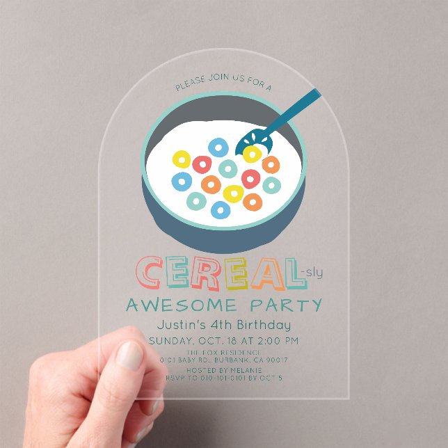 Cereal-sly Awesome Blue Cereal Boy Birthday Acrylic Invitations (Insitu (Handheld))