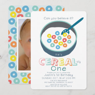 Cereal-sly One Blue Cereal Boy Photo 1st Birthday Invitation