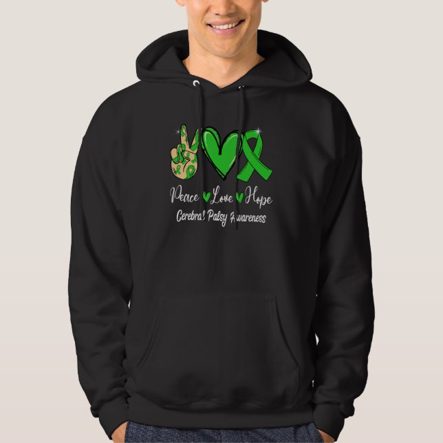 Cerebral Palsy Awareness Peace Love Hope Green Rib Hoodie (Front)