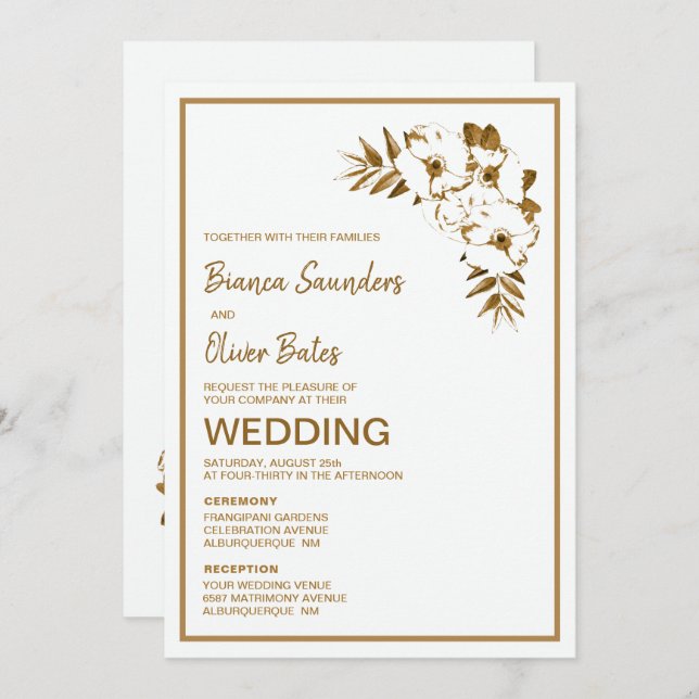 Ceremony and Reception Gold Floral Wedding Invitation (Front/Back)