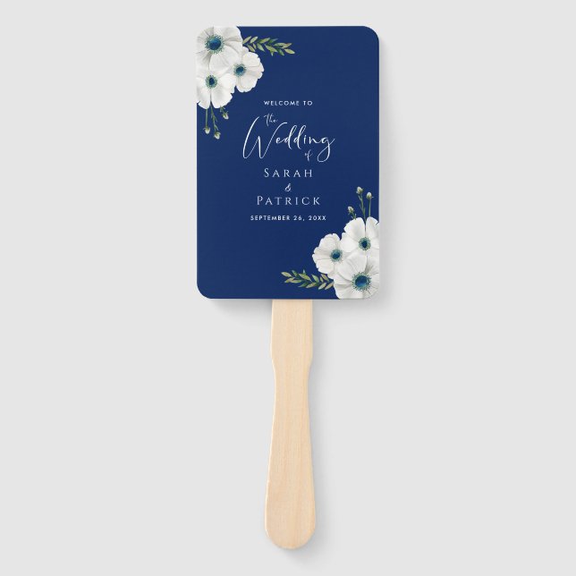 Ceremony Program Wedding | Navy Blue White Floral Hand Fan (Front)