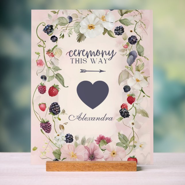 Ceremony This Way Floral Berry Design Acrylic Sign (Neutral)