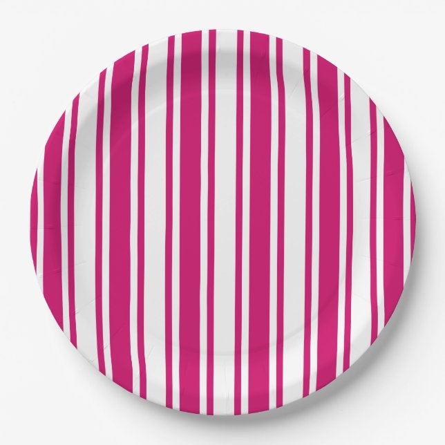 Cerise and white candy stripes paper plate (Front)