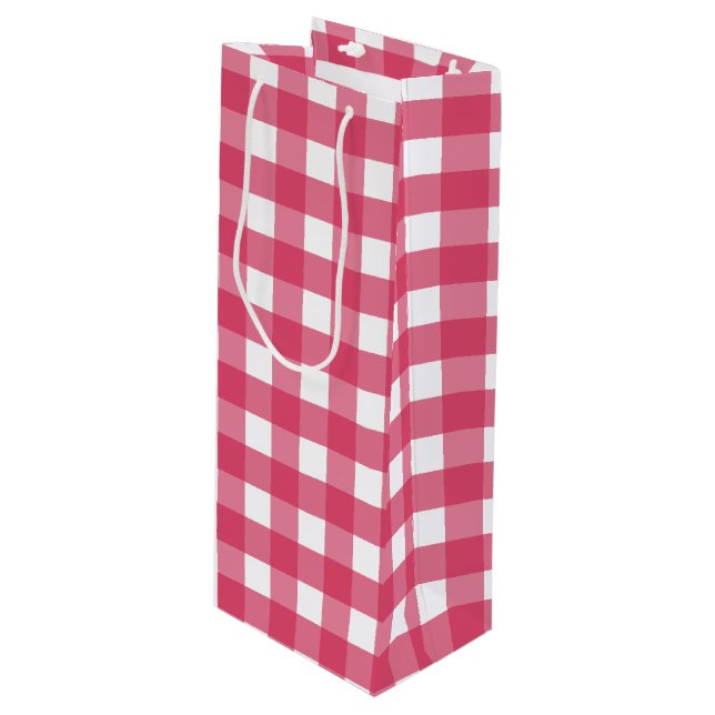 Cerise gingham wine gift bag (Front Angled)