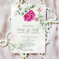 Cerise magenta peony eucalyptus watercolor invitat