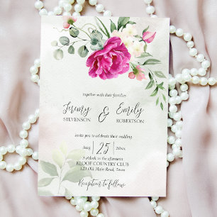 Cerise magenta peony eucalyptus watercolor invitat invitation