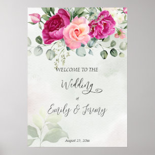Cerise magenta peony roses eucalyptus welcome sign