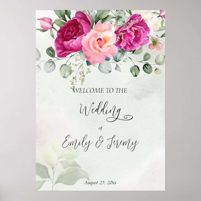 Cerise magenta peony roses eucalyptus welcome sign (Front)