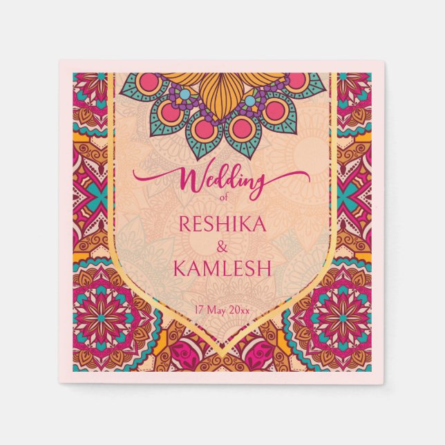 Cerise mandala rangoli wedding personalised name napkin (Front)