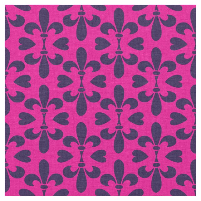 Cerise Pink and Deep Blue Heraldic Fleur-de-Lys Fabric (Close Up)