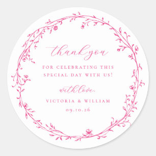 Cerise Pink Botanical Wreath Wedding Favour Classic Round Sticker