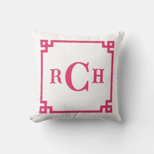 Cerise Pink Greek Key Monogram Design Cushion (Front)