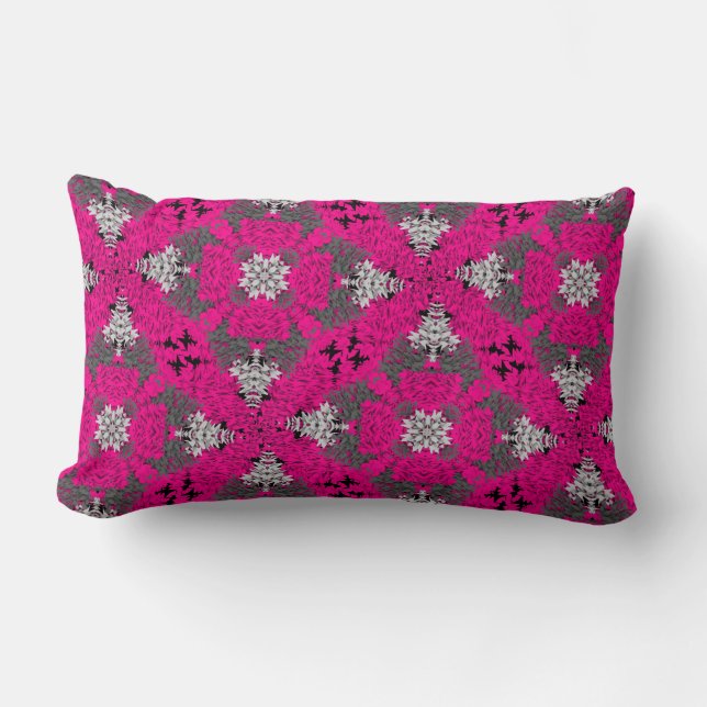 Cerise Pink Grey Mix Modern Floral Damask Print Lumbar Cushion (Front)