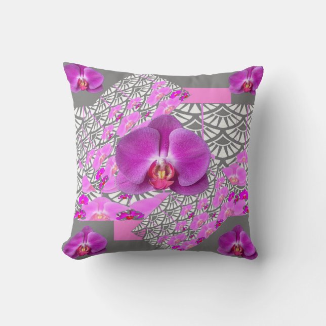 CERISE PINK ORCHID FLOWERS GREY DECO CUSHION (Front)