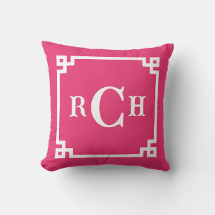 Cerise Pink Reverse Chinoiserie Greek Key Monogram Cushion