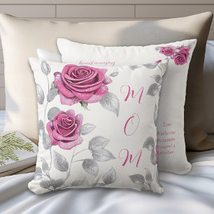 Cerise Pink Rose Silver Leaf Mom's Love  Cushion
