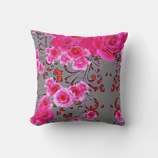 CERISE PINK ROSES BROCADE PATTERN GREY ART CUSHION (Front)
