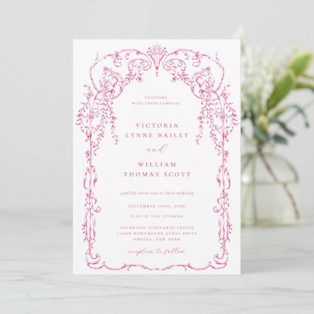 Cerise Pink Victorian Frame Wedding Invitation (Standing Front)