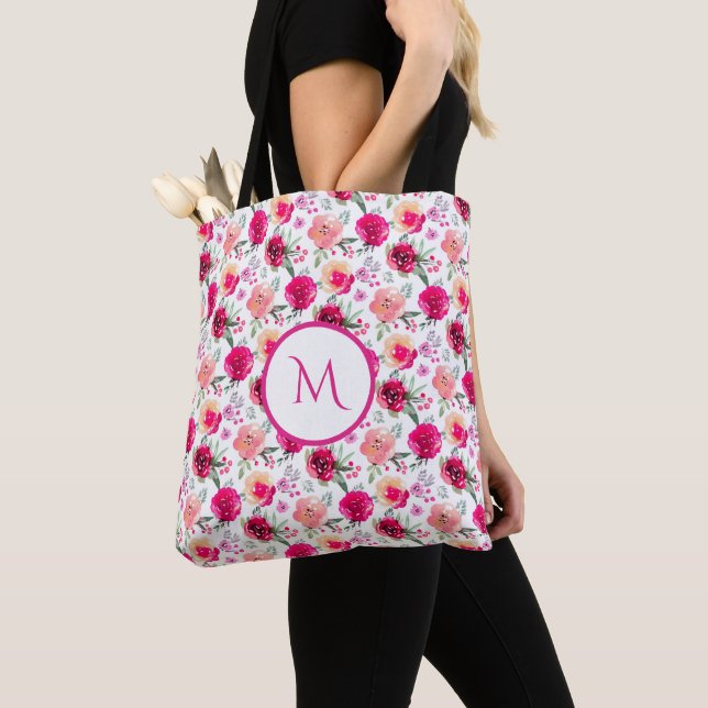 Cerise Pink Watercolor Floral Monogrammed Tote Bag (Close Up)