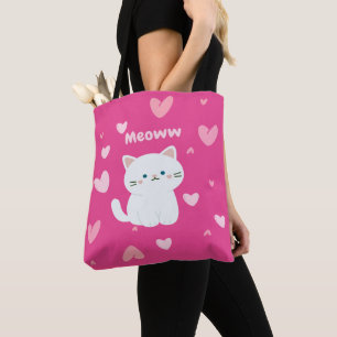 Cerise Tote With white Cat Design and Pink Hearts Bag