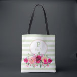 Cerise Watercolor Floral Monogram on Mint Stripes Tote Bag<br><div class="desc">Shades of pale pink,  cerise pink,  fuchsia pink to marsala pink,  this watercolor floral design sits on light spring green and white stripes. MATCHING items in our store.</div>