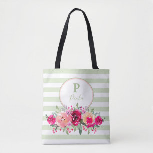 Cerise Watercolor Floral Monogram on Mint Stripes Tote Bag