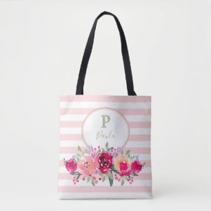 Cerise Watercolor Floral Monogram on Pink Stripes Tote Bag