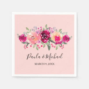 Cerise Watercolor Floral Pink Cocktail Napkin