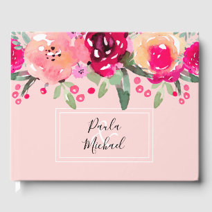 Cerise Watercolor Floral Pink Guest Book