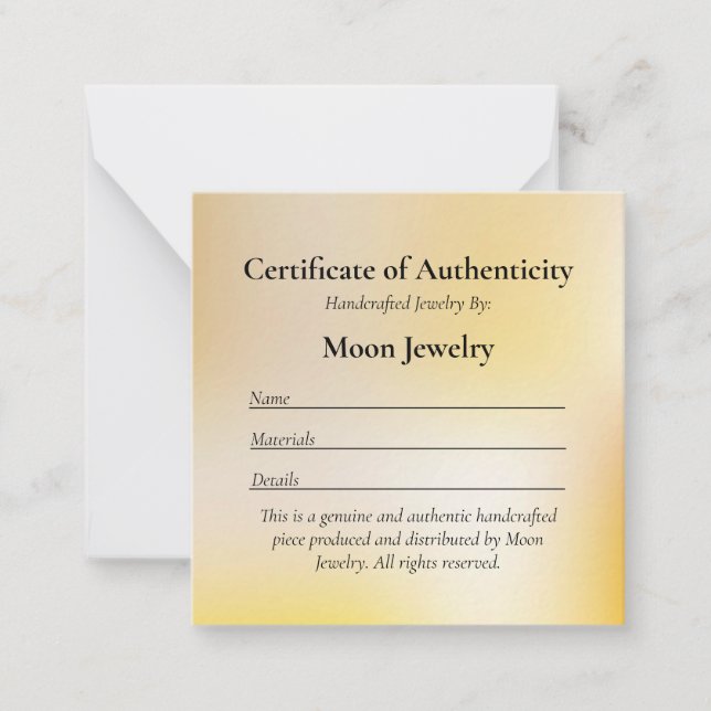 Certificate Authenticity for Jewellery Gold Gradie Card (Front)