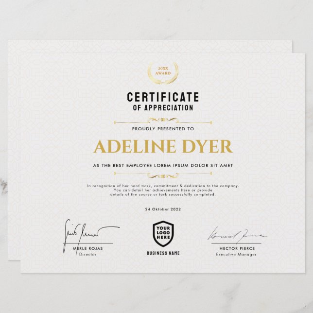 Certificate | Modern Business Logo Award Template (Front/Back)