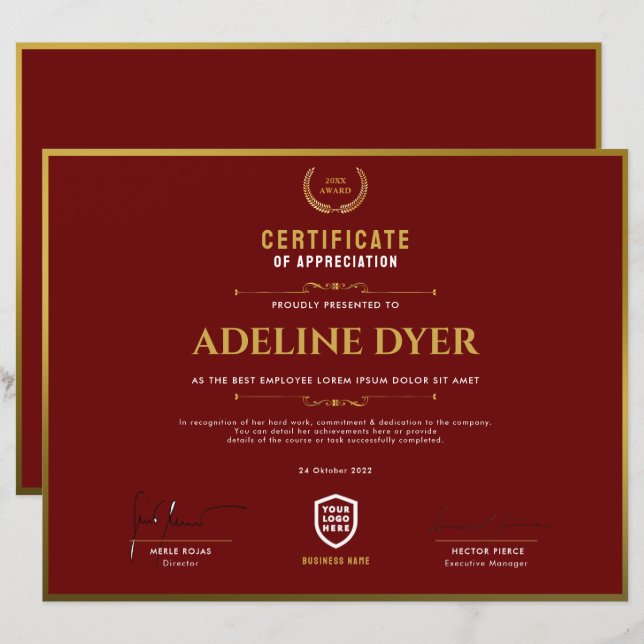 Certificate | Modern Business Logo Award Template (Front/Back)