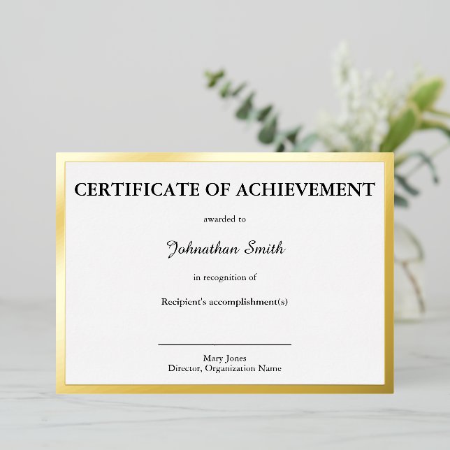 Certificate of Achievement Black White & Gold Card (Standing Front)