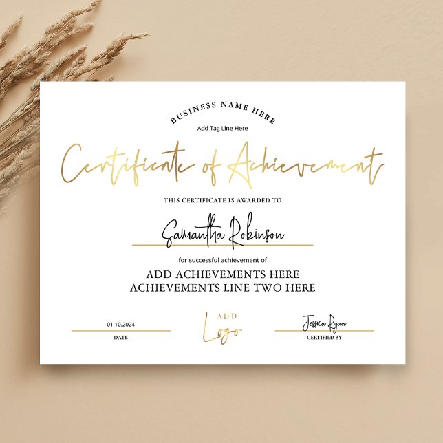 Certificate of Achievement Lux Gold Employee Award (Elegant white and gold Certificate of Achievement with space for your logo)