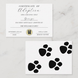 Certificate Of Adoption Card