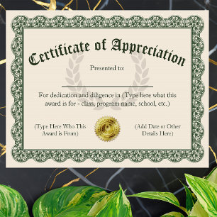 Certificate of Appreciation, Customisable 8.5x11