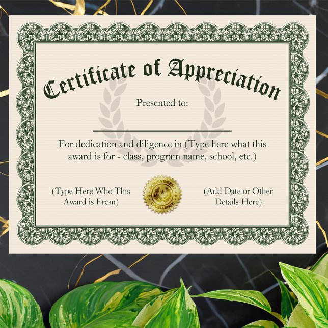 Certificate of Appreciation, Customisable 8.5x11 (certificate of appreciation)