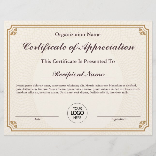 Certificate of Appreciation Customisable Award (Front)